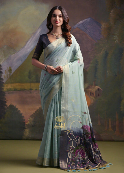 Aqua Blue Woven Cotton Silk Saree