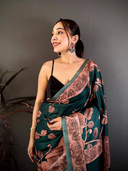 Teal Soft Tussar Kalamkari Print Saree