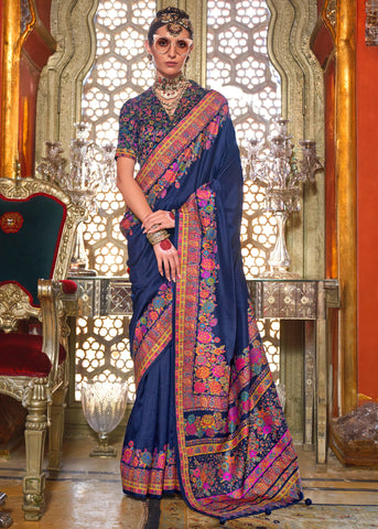 Navy Blue Printed Kashmiri Jamewar Saree