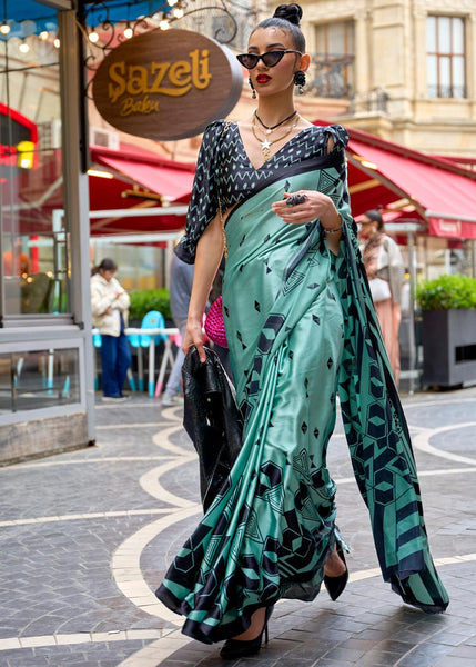 Aqua Blue Printed Satin Silk Saree
