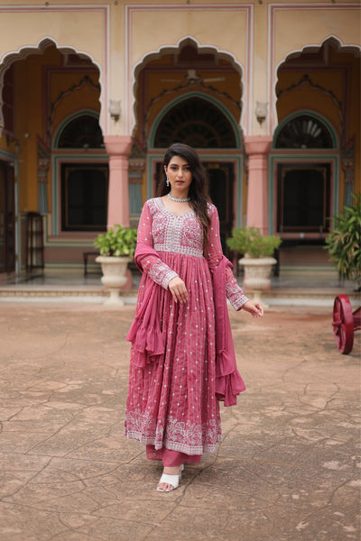 Faux Georgette Sequins With Thread Embroidered Kurti Sharara Dupatta Set For Women