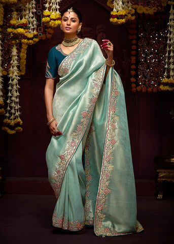 Turquoise Blue Banarasi Embroidered Designer Silk Saree