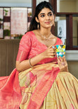 Yellow And Pink Woven Banarasi Soft Silk Saree With Digital Print