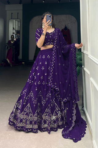 Purple Georgette Sequins And Thread Embroidery Work Wedding Lehenga Choli - women's fashion mart