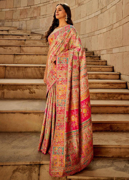 Cream Beige Woven Kashmiri Jamewar Saree