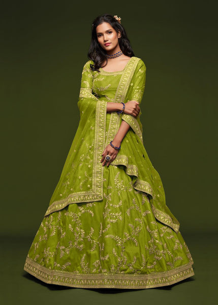 Green Glow Georgette Embroidered Lehenga With Net Dupatta
