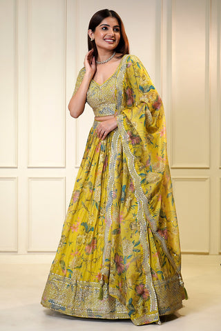 Luminous Lime Yellow Floral Printed Embellished Lehenga Choli - women's fashion mart