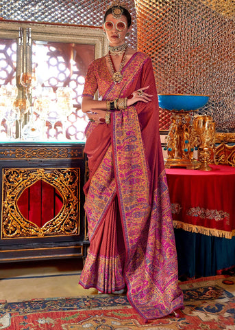 Maroon Printed Kashmiri Jamewar Saree