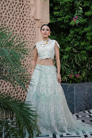Designer Beautiful Embroidered And Real Mirror With Stone Work Wedding Lehenga Set -WOMEN FASHION Mint Green / L women's fashion mart