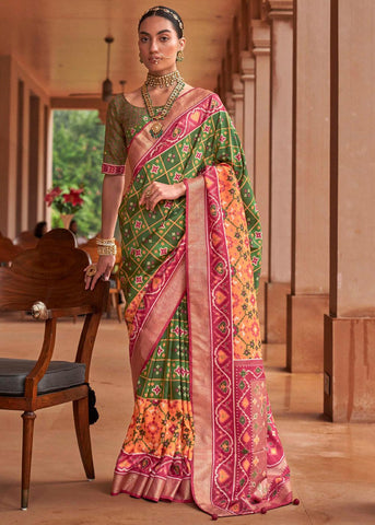“Exclusive Offer” : Leaf Green Printed Patola Silk Saree