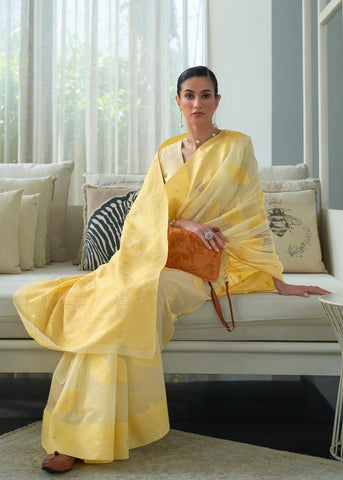 Pearl Yellow Lucknowi Chikankari Woven Silk Saree
