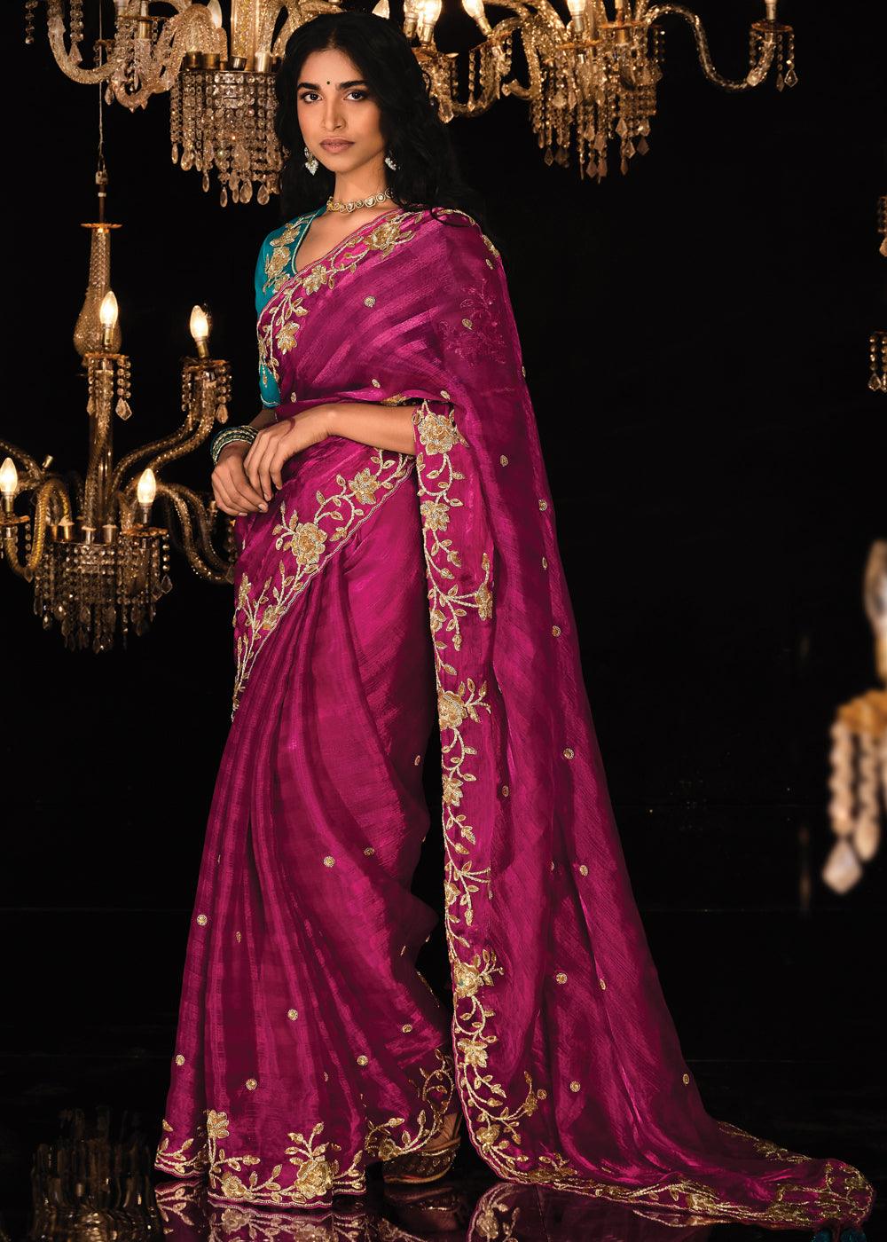 Magenta Pink Heavy Embroidered Designer Silk Saree With contrast Blouse