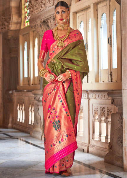 Antique Green Woven Paithani Silk Saree