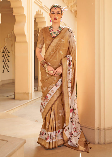 Safari Beige Floral Printed Cotton Linen Saree