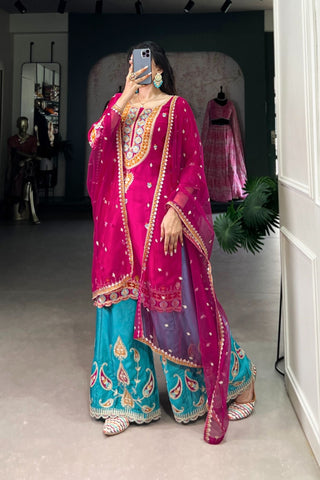 Sequins Thread Embroidered Silk Royal Style Sharara Set Of 3 - women's fashion mart