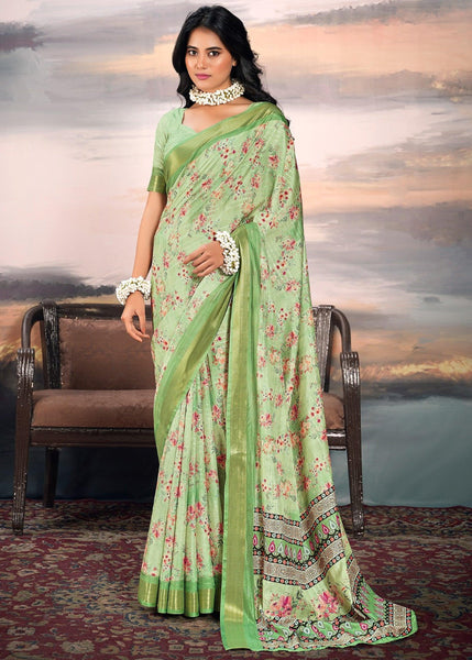 Pista Green Light Weight Cotton Silk Saree With Digital Print