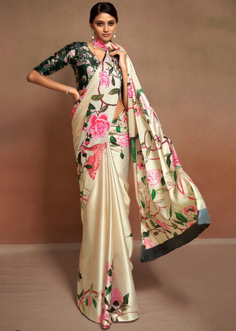 Off White Multicolor Printed Satin Silk Saree