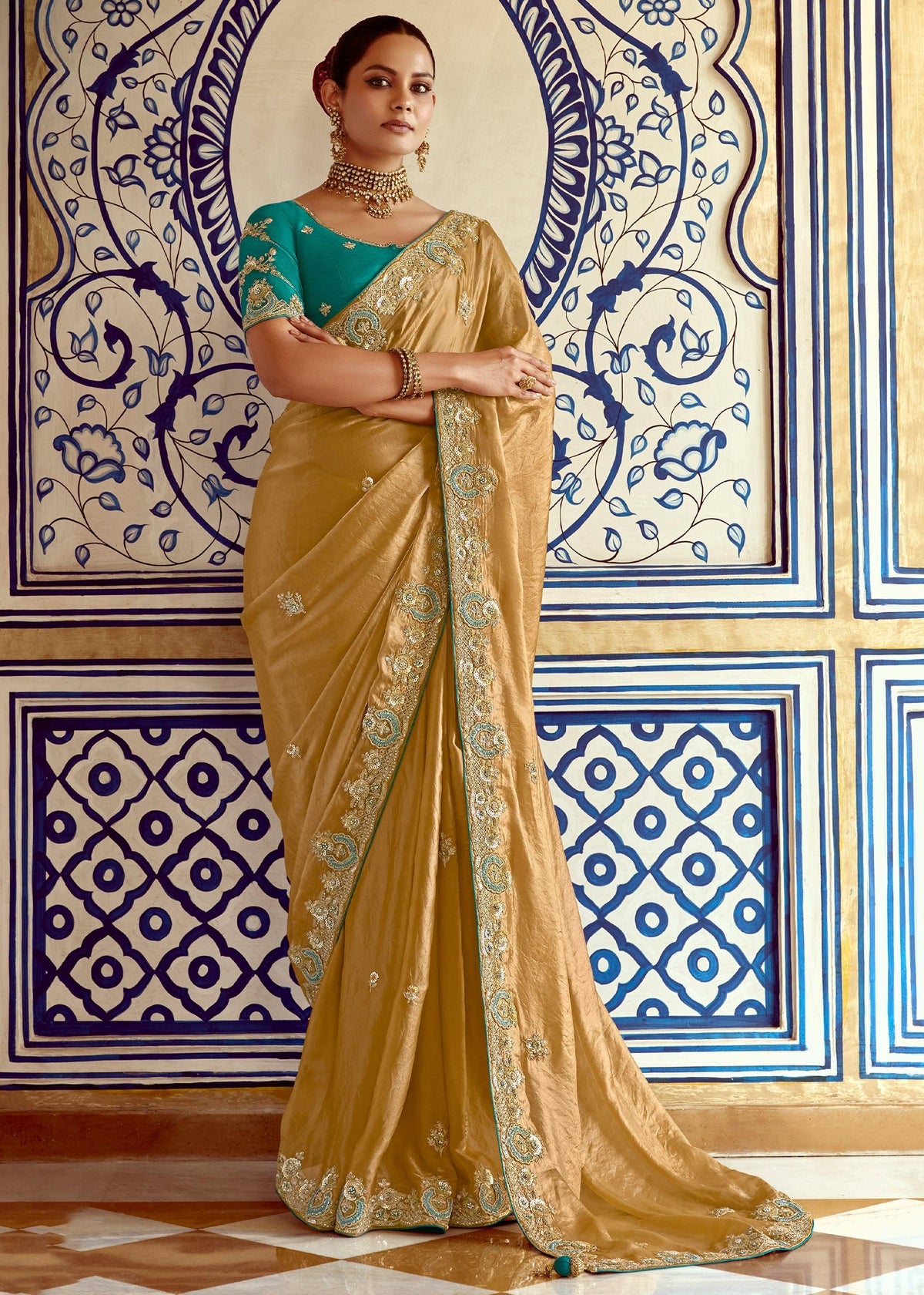 Bright Golden Heavy Embroidered Designer Silk Saree