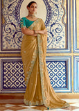 Bright Golden Heavy Embroidered Designer Silk Saree