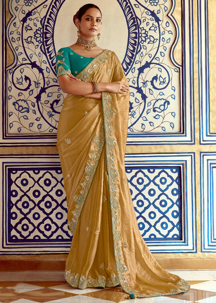 Bright Golden Heavy Embroidered Designer Silk Saree