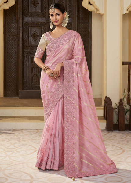 Blush Pink Heavy Embroidered Designer Silk Saree