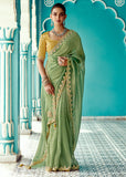 Arcadian Green Designer Embroidered Silk Saree With Contrast Blouse