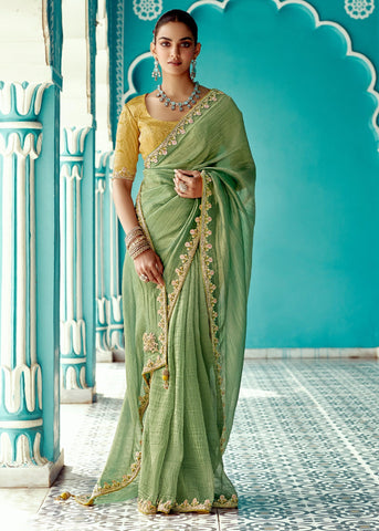 Arcadian Green Designer Embroidered Silk Saree With Contrast Blouse