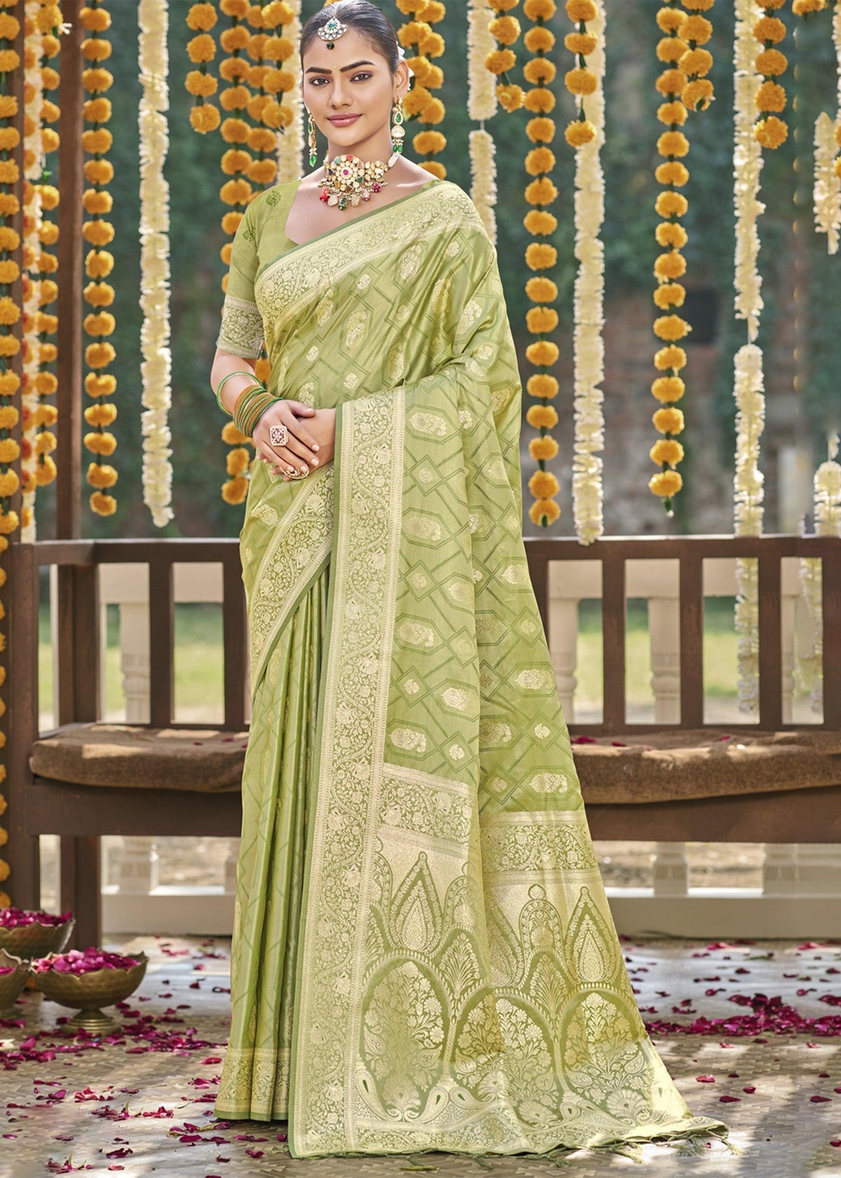 Grass Green Woven Banarasi Satin Silk Saree