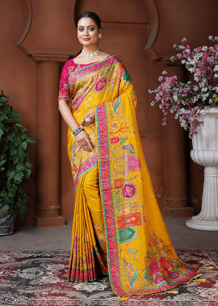 Vibrant Yellow Woven Embroidered Silk Saree