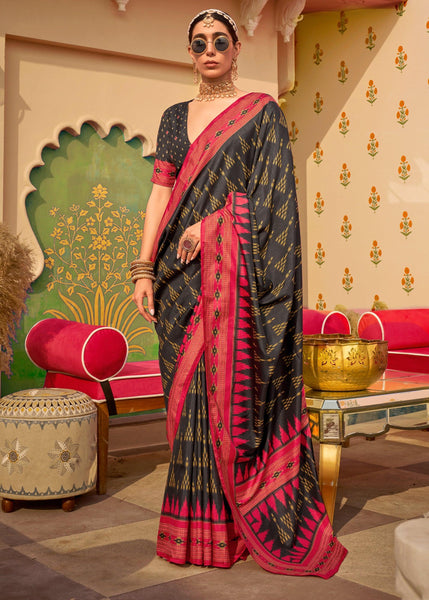 Caviar Black Printed Patola Silk Saree