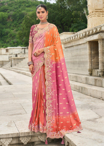 Orange And Pink Designer Embroidered Silk Saree