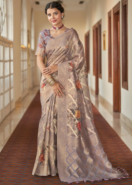 Dusky Purple Woven Banarasi Tissue Organza Silk Saree With Digital Print