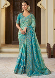 Turquoise Blue Heavy Embroidered Designer Silk Saree