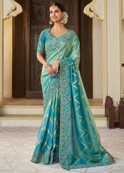 Turquoise Blue Heavy Embroidered Designer Silk Saree