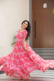 Floral Printed Georgette Women Tiered Gown