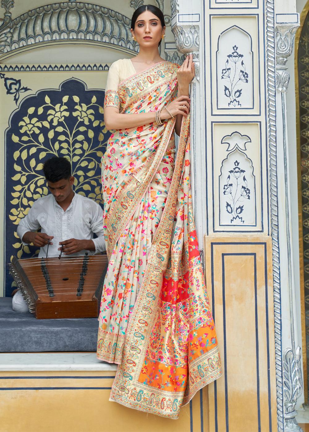 Multicolour White Woven Jamewar Banarasi Saree