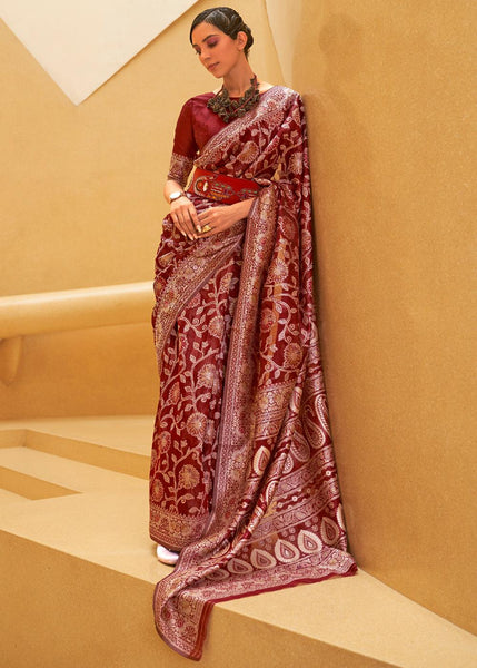 Wine Red Woven Lucknowi Banarasi Silk Saree