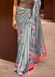 Winter Grey Floral Printed Satin Silk Saree