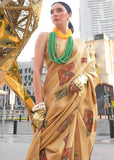 Earthy Beige Woven Linen Silk Saree With Print