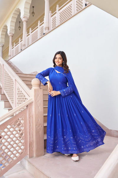Royal Blue Embroidered Work Gown With Dupatta Set - women's fashion mart