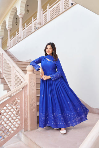 Royal Blue Embroidered Work Gown With Dupatta Set - women's fashion mart
