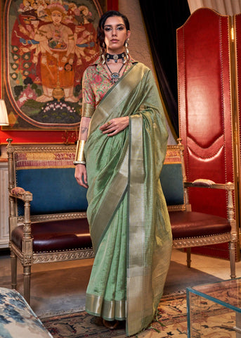 Dusky Green Chiffon Silk Saree With Contrast Blouse