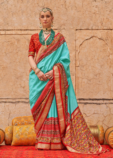 Turquoise Blue Printed Patola Silk Saree