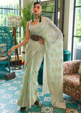 Capri Green Woven Lucknowi Linen Silk Saree