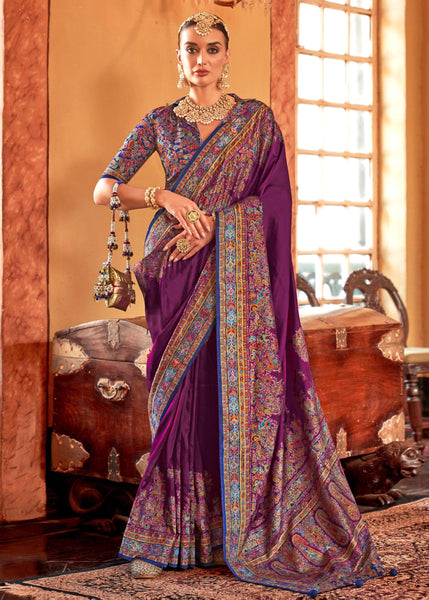 Wine Purple Printed Kashmiri Jamewar Saree