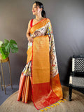 Cream Kanchi Kalamkari Elegance Saree  women's fashion mart