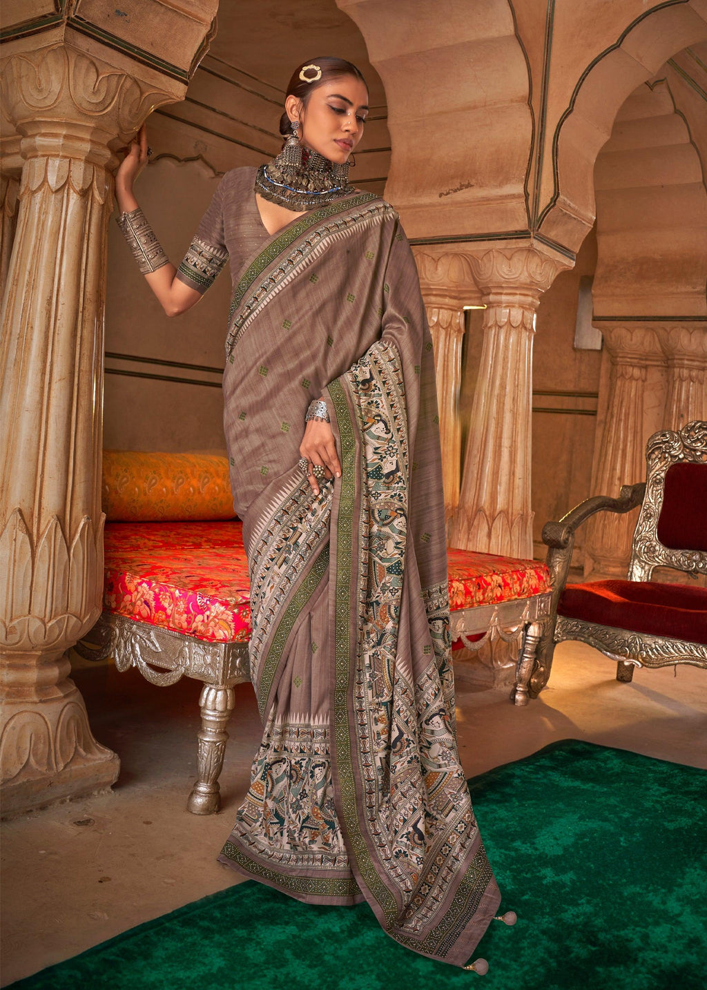 Fossil Grey Madhubani Printed Saree