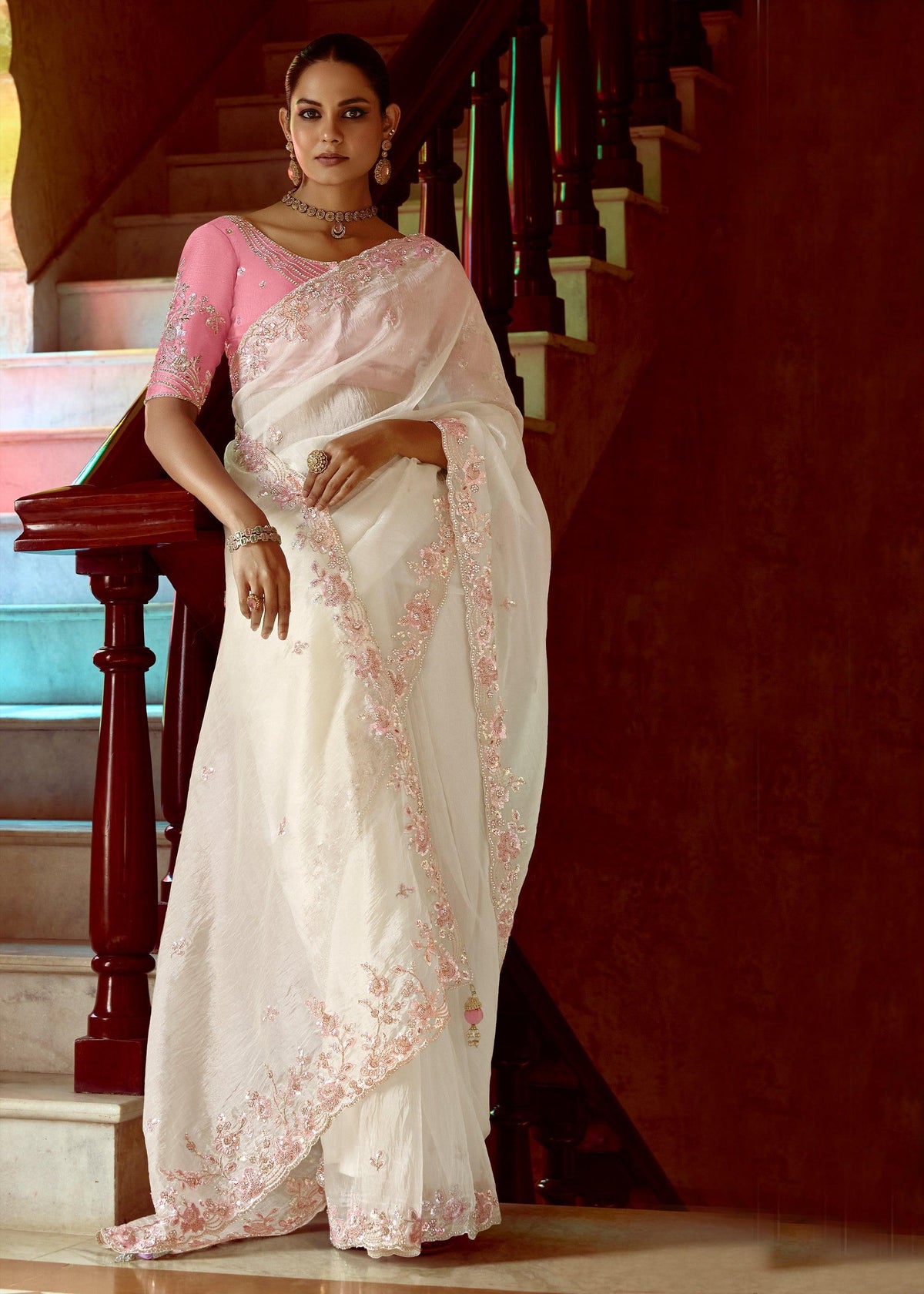 Snow White Heavy Embroidered Designer Silk Saree