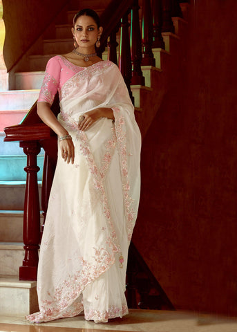 Snow White Heavy Embroidered Designer Silk Saree