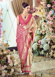 Cream Beige Woven Banarasi Silk Saree With Contrast Blouse